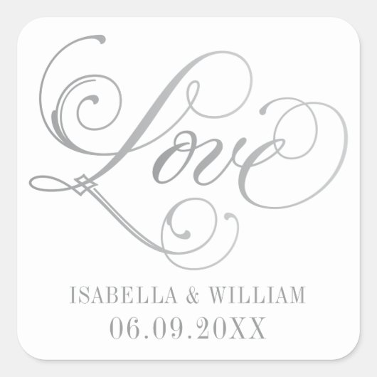 Liebe in Silver Elegant Script Wedding Monogram Quadratischer Aufkleber (Vorderseite)