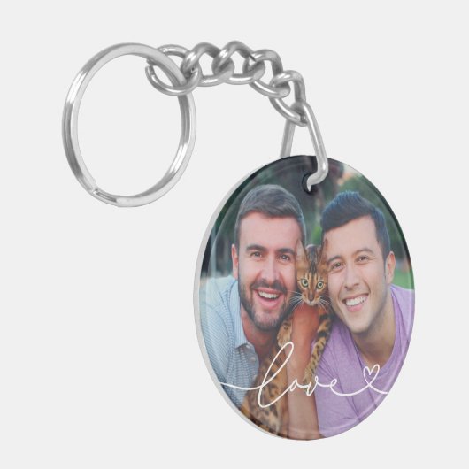 Liebe in Weißschrift mit dem Foto Herzbenutzerdefi Schlüsselanhänger (Vorderseite links)
