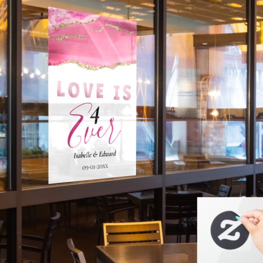 "Liebe ist 4 Ever" Elegantes Gold & Rosa Agate Sto Fensteraufkleber (Restaurantfenster)