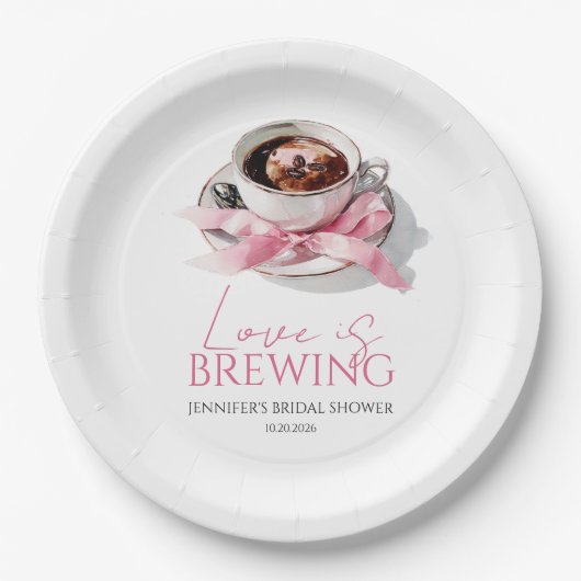 Liebe ist Brauen Kaffee Rosa Schleife Brautparty Pappteller (Vorderseite)