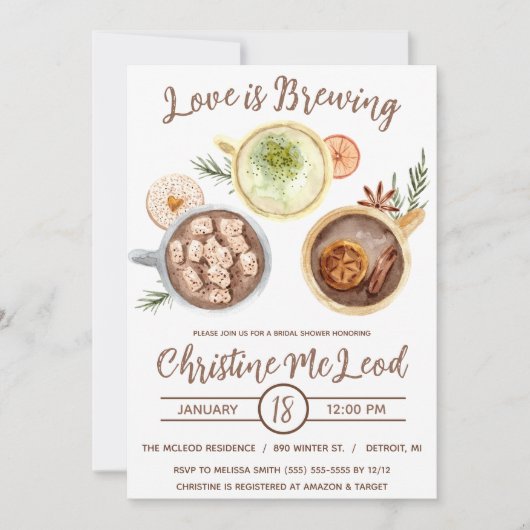 Liebe ist Brechen, heißer Kakao, Kaffee, Brautpart Einladung (Vorderseite)