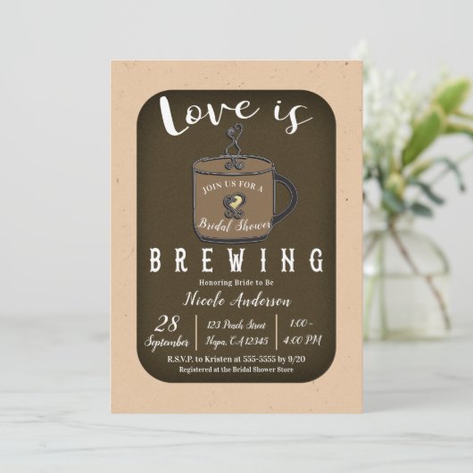 LIEBE IST BREWING Coffee Café Shop Brautparty Einladung (Stehend Vorderseite)