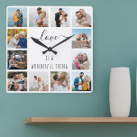 Liebe ist ein wunderbares Zitat 12 Foto Weiß Quadratische Wanduhr<br><div class="desc">Foto Uhr mit fröhlichem Zitat und 12 Ihrer Lieblingsfotos von Familie und Freunden. Die Fotovorlage ist Set für Sie, um Ihre eigene Grid-Stil Foto Collage zu erstellen, um das Zitat "Liebe ist eine wunderbare Sache" zu rahmen. Das Design wird in eleganter handgeschriebener Schrift und in knallroter Schriftart-Typografie mit einer schwarz-weiß...</div>