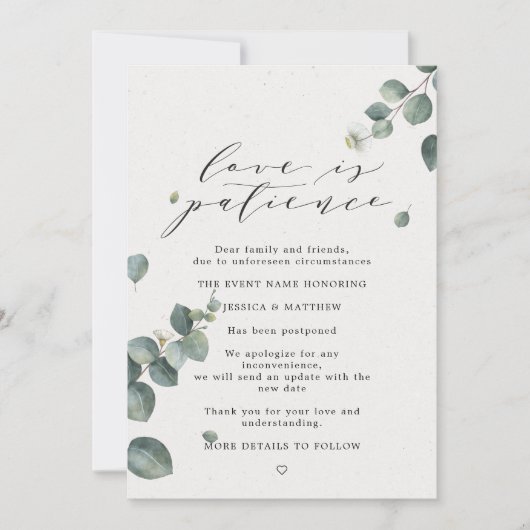 Liebe ist Geduld verzögert Eukalyptus Hochzeit Ankündigung (Vorderseite)