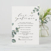 Liebe ist Geduld verzögert Eukalyptus Hochzeit Ankündigung (Stehend Vorderseite)