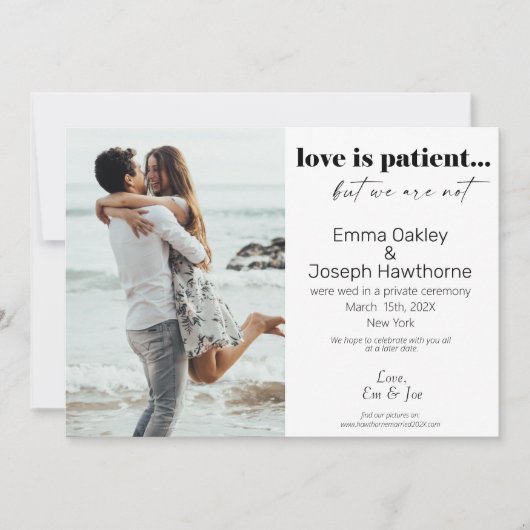 "Liebe ist geduldig, aber wir sind es nicht" Hochz Ankündigung (Vorderseite)