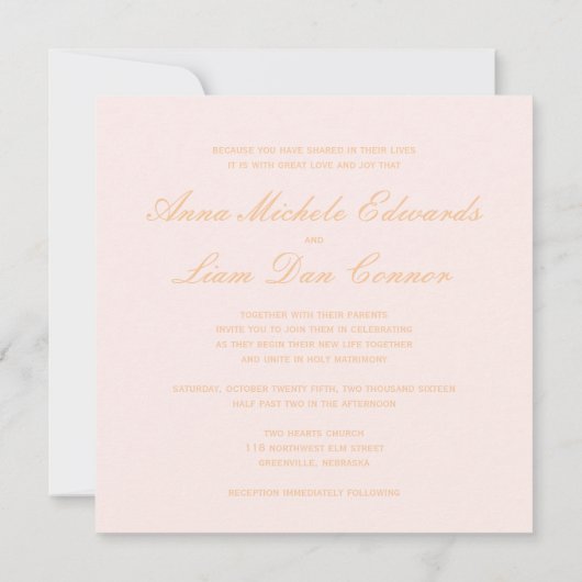 Liebe ist geduldig... Blush & Goldkalligraphie Einladung (Rückseite)