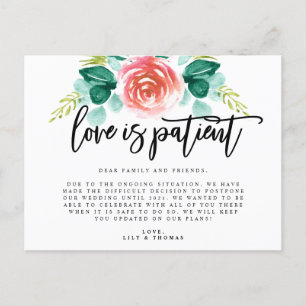 Liebe ist geduldig Hochzeitsaufschub Ankündigungspostkarte