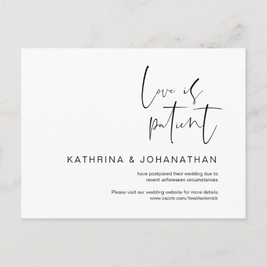 Liebe ist geduldig, Minimalismus Hochzeit verzöger Postkarte (Vorderseite)