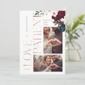 Liebe ist geduldige Rose Gold Burgund Florals Foto Dankeskarte (Stehend Vorderseite)