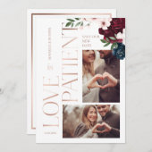 Liebe ist geduldige Rose Gold Burgund Florals Foto Dankeskarte (Vorne/Hinten)
