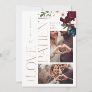 Liebe ist geduldige Rose Gold Burgund Florals Foto Dankeskarte