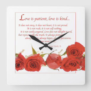 Liebe ist Geduldige Rote Rose Quadratische Wanduhr