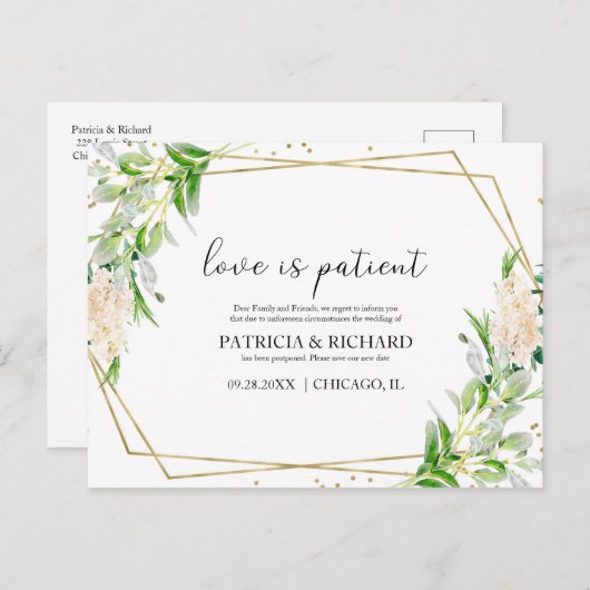 Liebe ist geduldiges Grün neues Datum Hochzeit Postkarte (Vorne/Hinten)