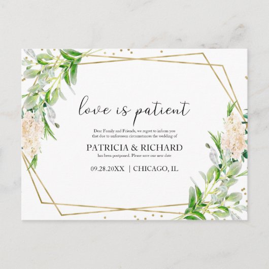 Liebe ist geduldiges Grün neues Datum Hochzeit Postkarte (Vorderseite)