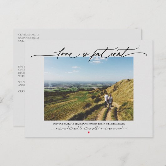 Liebe ist geduldiges Hochzeitsaufschub Grau Postkarte (Vorne/Hinten)