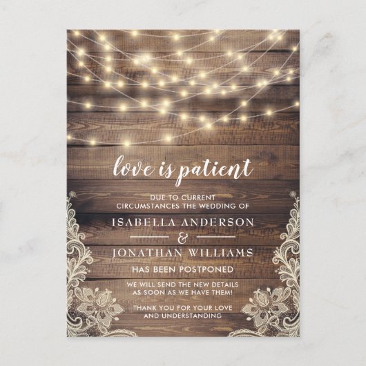 Liebe ist geduldiges Holz, String Lights & Lace We Einladungspostkarte (Vorderseite)