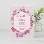Liebe ist im blühenden Brautparty rosa Blüte Einladung (Stehend Vorderseite)