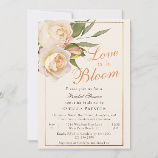 Liebe ist im Brautparty Blütenweiße Rosen Einladung (Vorderseite)