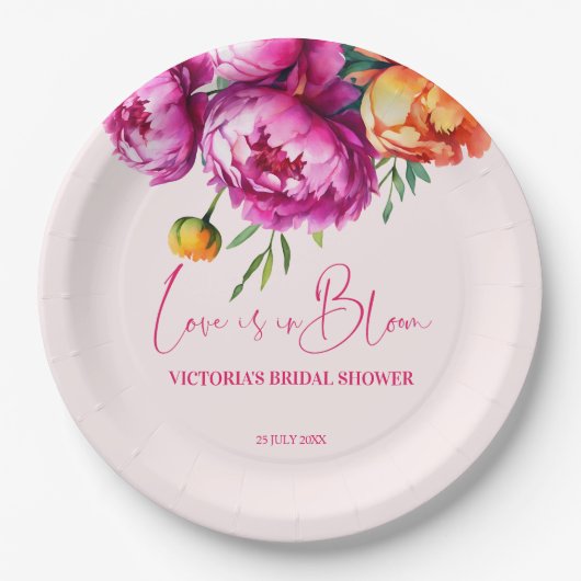 Liebe ist in blass rosa Blume Brautparty gedruckt Pappteller (Vorderseite)