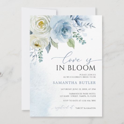 Liebe ist in Bloom Dusty Blue Floral Brautparty Einladung (Vorderseite)
