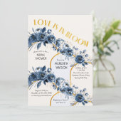 Liebe ist in Bloom Gold Arch Blue Rose Brautparty Einladung (Stehend Vorderseite)