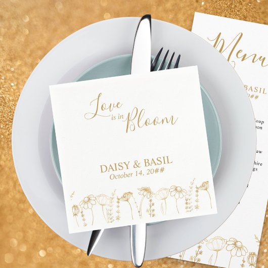 Liebe ist in Bloom Gold Wildblume Sketch Hochzeit Serviette