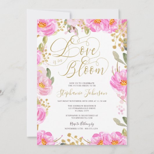 Liebe ist in Bloom Pink Gold Floral Brautparty Einladung (Vorderseite)