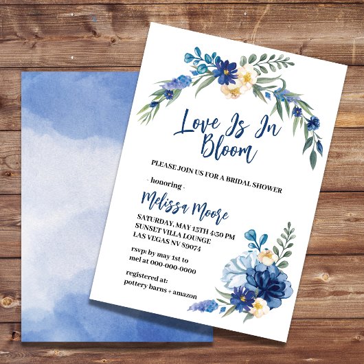Liebe ist in Bloom Watercolor Royal Blue Blume Einladung