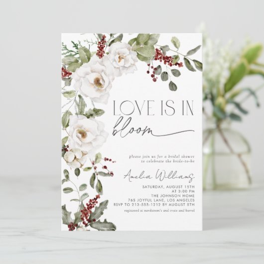 Liebe ist in Bloom White Blume Pine Winter Einladung (Stehend Vorderseite)