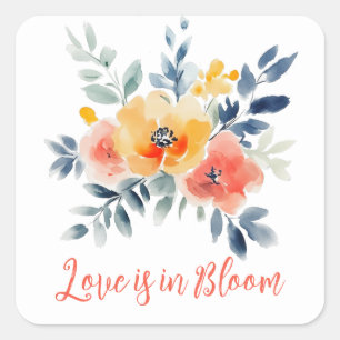 Liebe ist in Blüte Aquarell Floral Brautparty Quadratischer Aufkleber