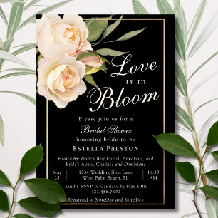 Liebe ist in Blüte Weiße Rosen Schwarze Brautparty Einladung