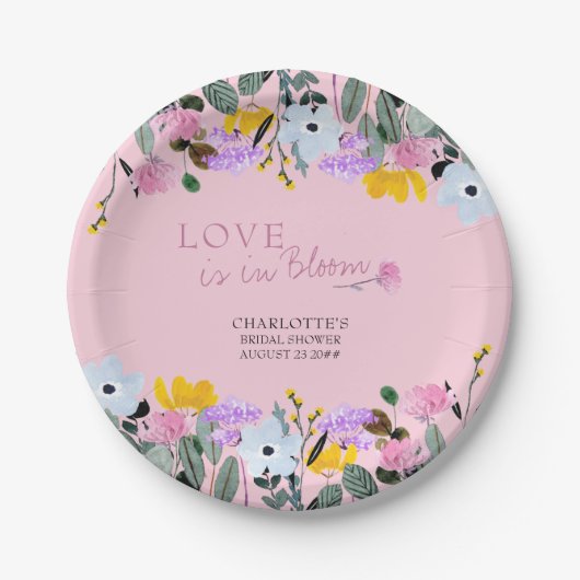 Liebe ist in Blütengrün Wildblume Blumenrosa Pappteller (Vorderseite)