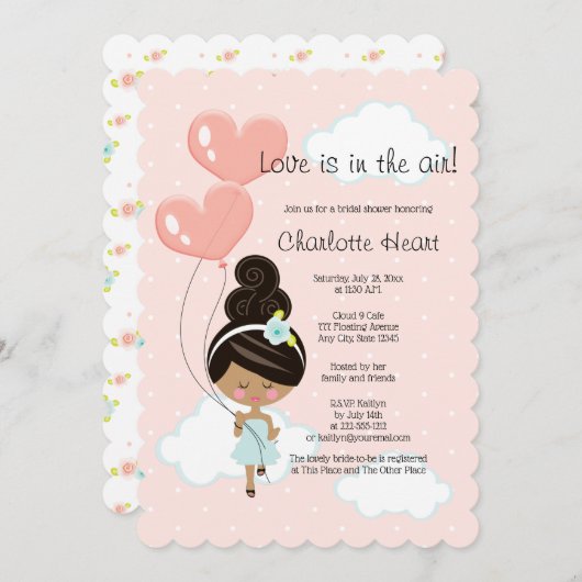 Liebe ist in der Luft Brautparty Schwarzes Haar. Einladung (Vorne/Hinten)