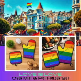 LIEBE IST LIEBE. Fahne "Prith Month LGBT Rainbow G Ofenhandschuh & Topflappen-Set