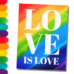 Liebe ist Liebe-Regenbogen-Stolz Postkarte<br><div class="desc">Dieser Gay Pride Postcard ist mit LIEBE IS LIEBE in fett-weißen Buchstaben auf einem Aquarelluntergrund aus Rot,  Orange,  Gelb,  Grün,  Blau und lila dekoriert. Original Wasserfarbe © Michele Davies.</div>