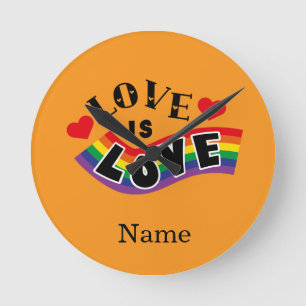 Liebe ist Liebe Regenbogenband-Typografie mit Herz Runde Wanduhr