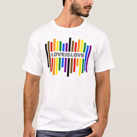 "Liebe ist Liebe" Regenbogenstreifen T-Shirt (Vorderseite)