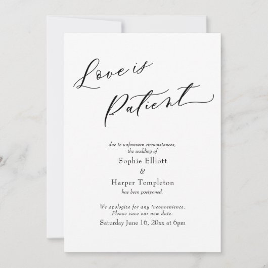 Liebe ist Patient Einfache verspätete Hochzeitkart Einladung (Vorderseite)