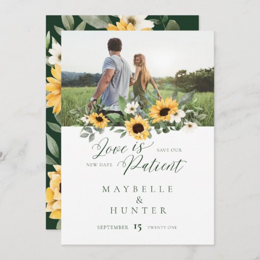 Liebe ist Patient Gelbes Aquarell Sonnenblumen Fot Save The Date (Vorne/Hinten)