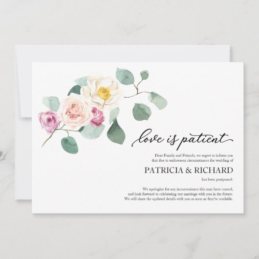 Liebe ist Patient Hochzeit Nachponement Eukalyptus Einladung (Vorderseite)