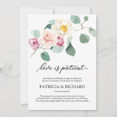 Liebe ist Patient Hochzeit Nachponement Eukalyptus Einladung (Vorderseite)