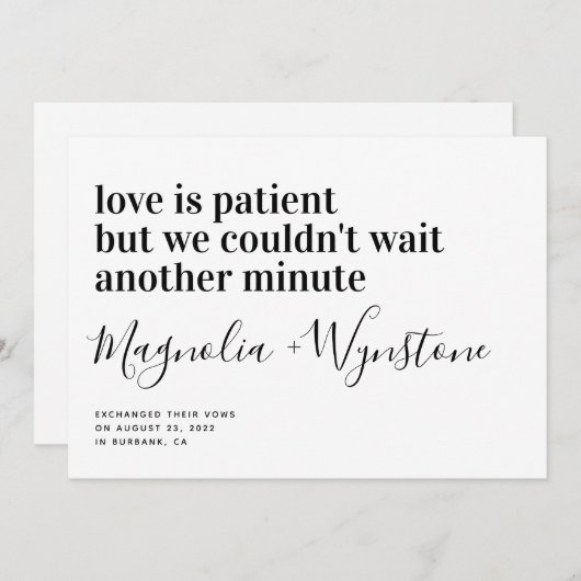 Liebe ist Patient Moderne Typografie Elopement Ankündigung (Vorne/Hinten)