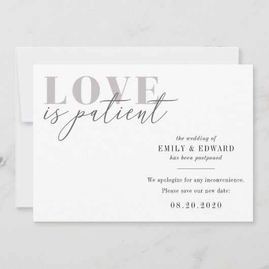 Liebe ist Patientenhochzeit Ändern des Datums Save The Date (Vorderseite)