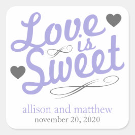 Liebe ist süße altmodische Etiketten (Lila/grau) Quadratischer Aufkleber