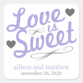 Liebe ist süße altmodische Etiketten (Lila/grau) Quadratischer Aufkleber