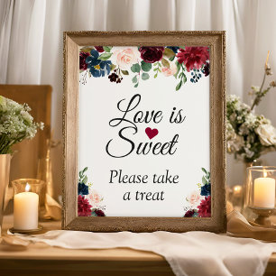 Liebe ist Sweet Burgundy Blush Blue Floral Sign Poster