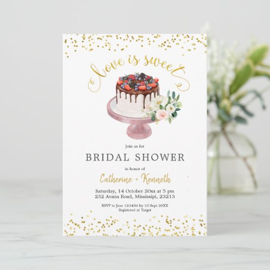 Liebe ist Sweet Cake Bridal Dusche Einladung (Stehend Vorderseite)