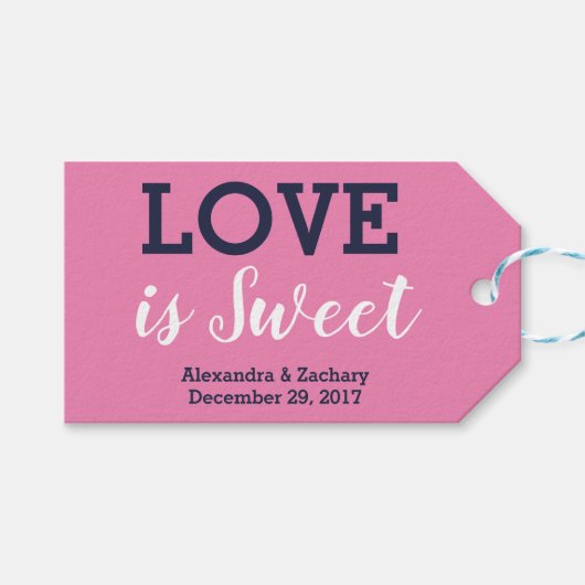 Liebe ist Sweet Pink Navy Blue Wedding Candy Gefal Geschenkanhänger (Vorderseite (Horizontal))