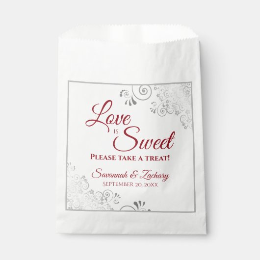 Liebe ist Sweet Silver Lace & Red Script Wedding Geschenktütchen (Vorderseite)